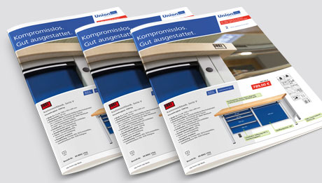 Jetzt Sonderpreise der Betriebseinrichtung-Herbst-Aktion 2020 nutzen! 3 Broschüre mit Produkte aus dem Bereich Betriebseinrichtung, auf dem Titel Werkbank