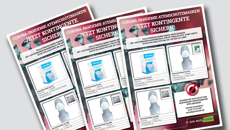 Jetzt FFP2-Masken-Kontingente sichern! Drei Flyer vor grauem Hintergrund, auf den Flyern Werbung für FFP2-Masken