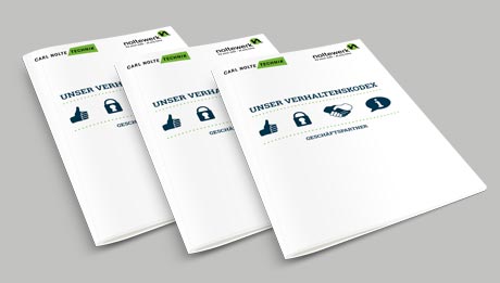 Gemeinsame Werte leben - so entsteht Erfolg Grauer Hintergrund, darauf drei weiße Broschüren, Text Verhaltenskodex Geschäftspartner, Logos Carl Nolte Technik sowie noltewerk