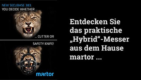 Schwarzer Hintergrund, rechts Text "Entdecken Sie das praktische Hybrid-messer aus dem Hause Martor", links Bilder von Tiger mit und ohne Maulkorb