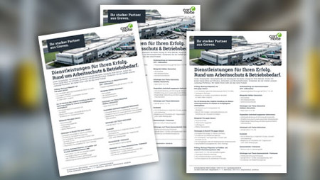 Drei Flyer mit einem Gebäudebild oben und Text, dahinter ein unscharfer Hintergrund